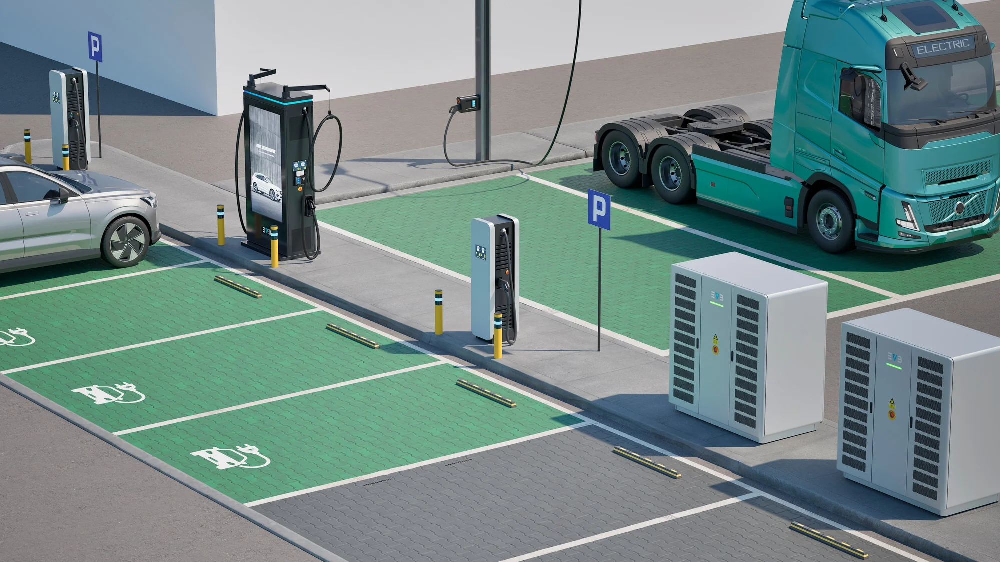 EVB Power HUB på en laddplats med personbil och eldriven lastbil — två Power Units och laddsatelliter