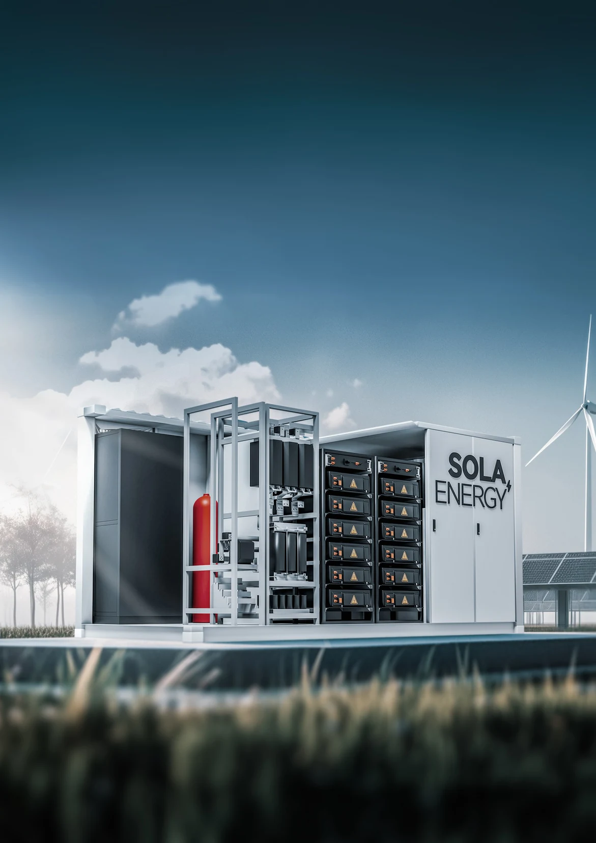 SOLA Titan — genomskärning av container med battericeller, kylning och brandskydd